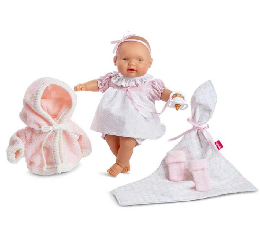 Boneca enxoval de choro com vestido 28 cm, jaqueta e chupeta-B