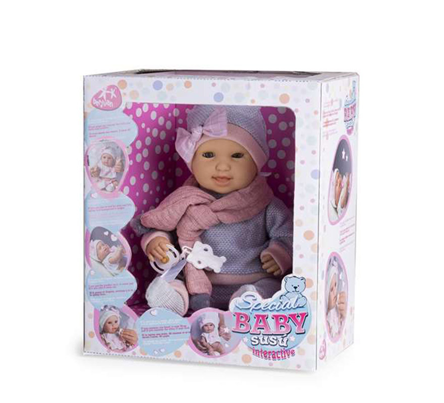 Muñeco Baby Susu Interactivo 38 cm con Pijama Gris y Mecanismo. Llora, Ríe y Succiona el Chupete-B