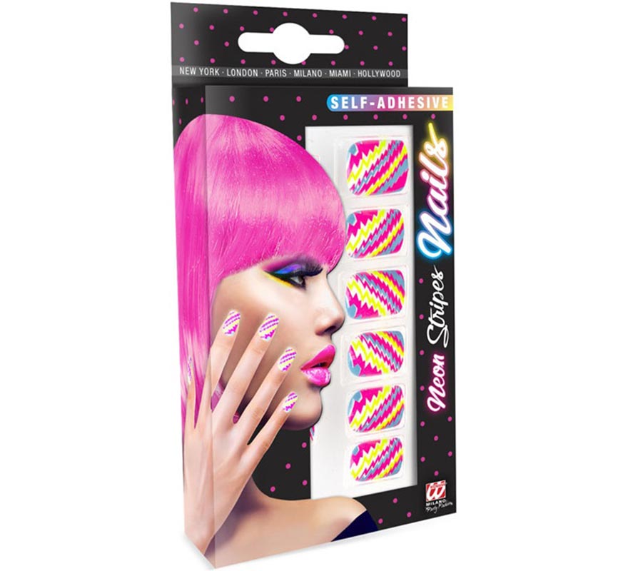 Pacote com 12 unhas autoadesivas com listras neon-B
