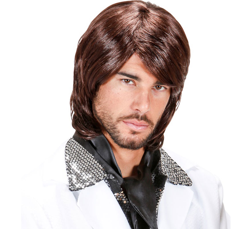 Peruca marrom de estrela pop dos anos 70-B