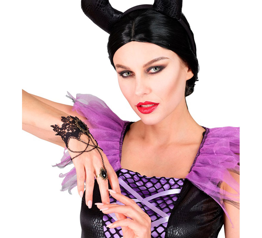 Gothic Lace Bracelet with Ring and Gems-B