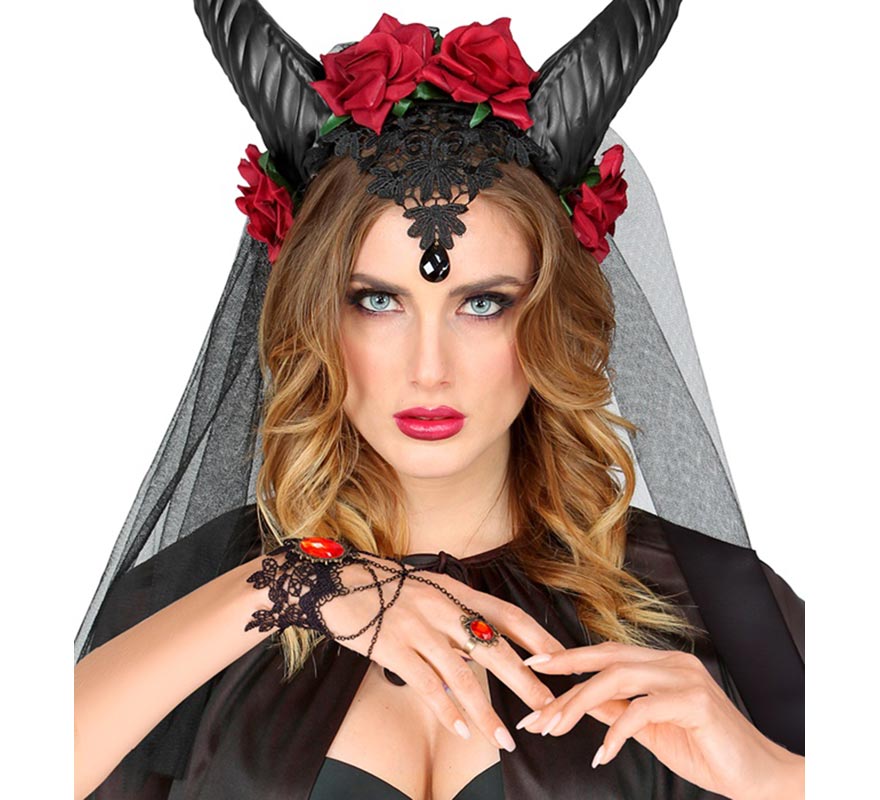 Pulsera Gótica de Encaje con Anillo y Gemas rojas-B