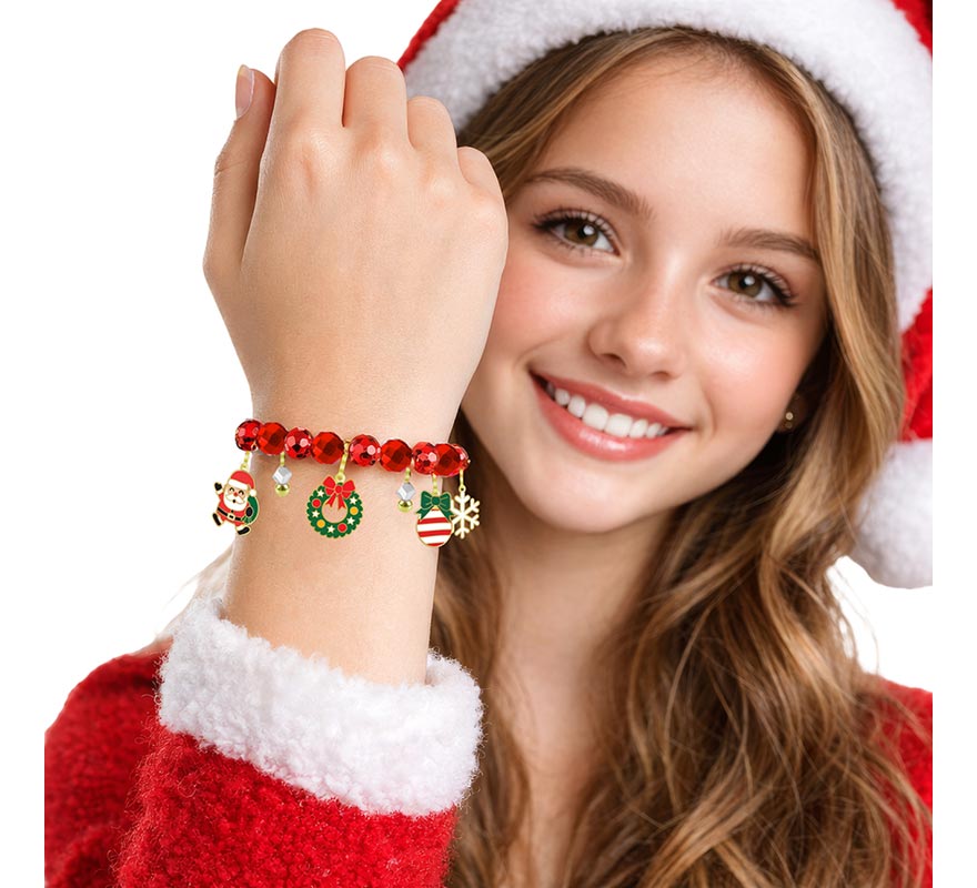 Pulsera roja con Colgantes de Reno y Árbol de Navidad-B
