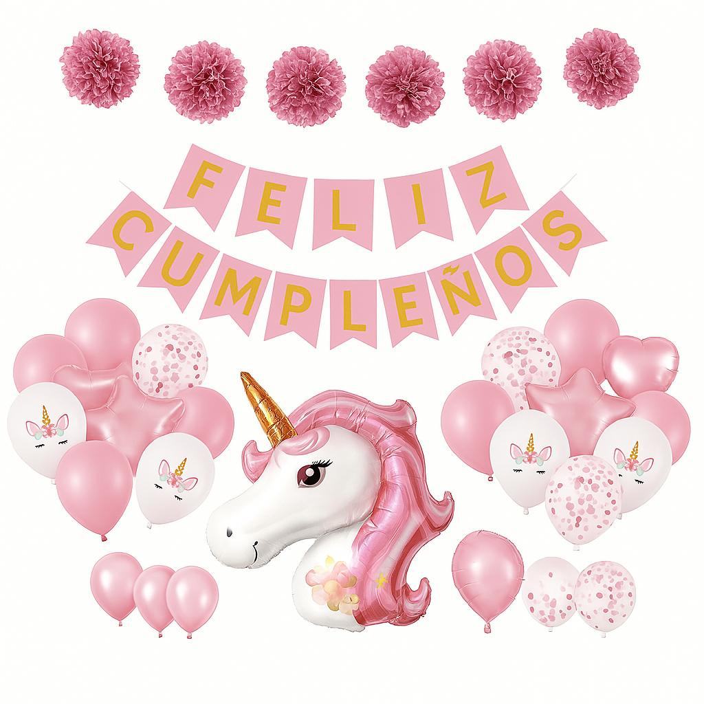Set of 26 Unicorn Balloons with Happy Birthday Garland-B
