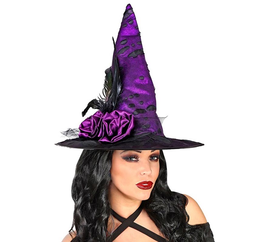 Sombrero de Bruja con Flores y Plumas-B