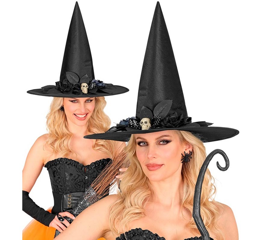 Sombrero de Bruja con Lazo, Calavera y Flores-B