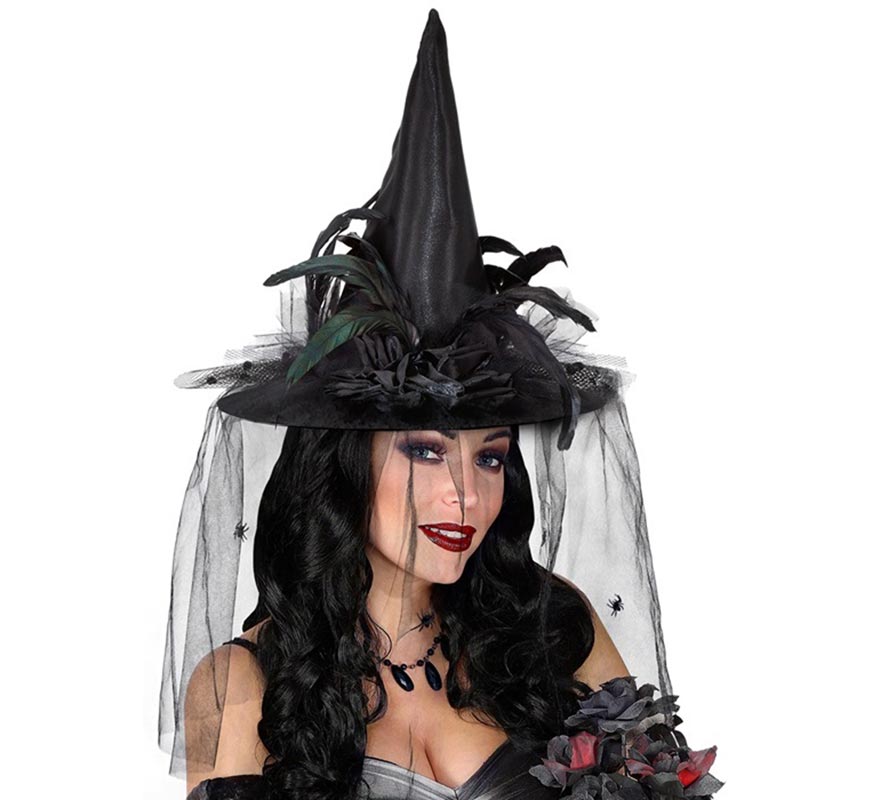 Sombrero de Bruja con Tul, Flores y Plumas-B