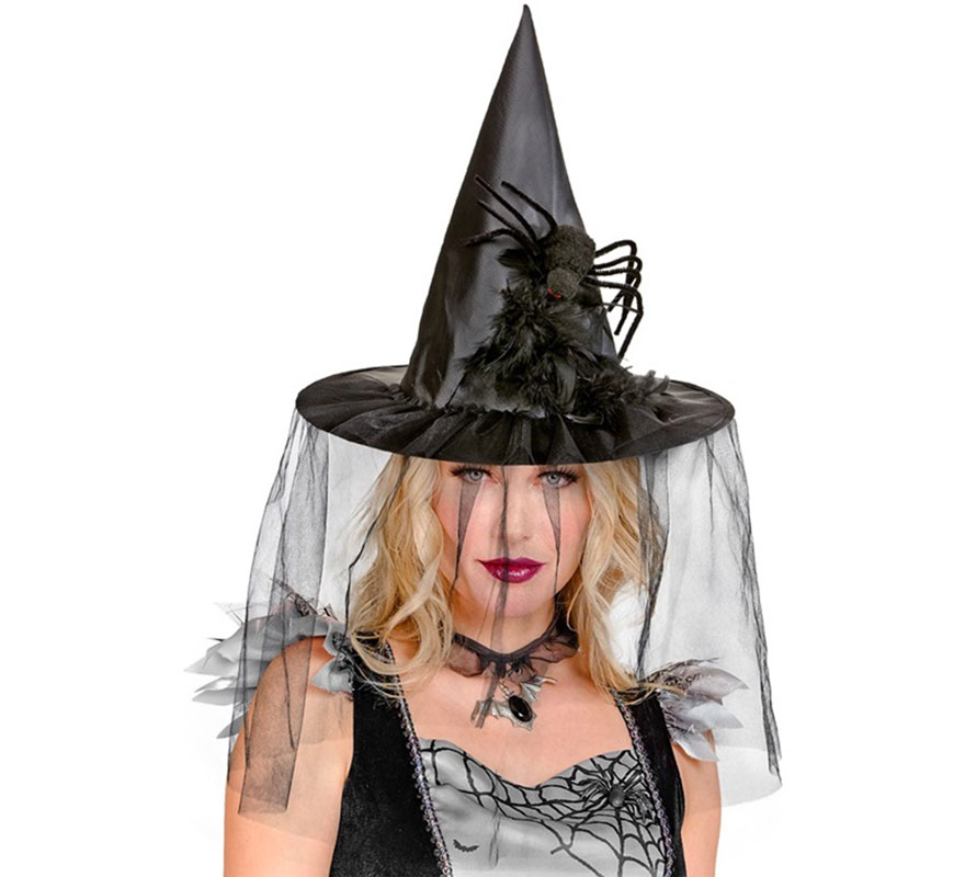 Witch Hat with Tulle, Feathers and Spider-B