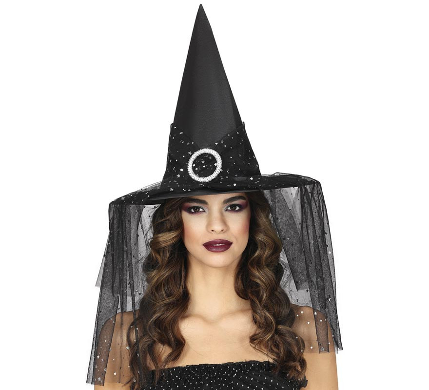 Witch Hat with Veil and Stars-B