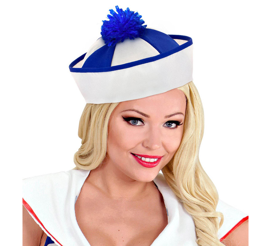 Chapéu de marinheiro com listras e borla azul-B