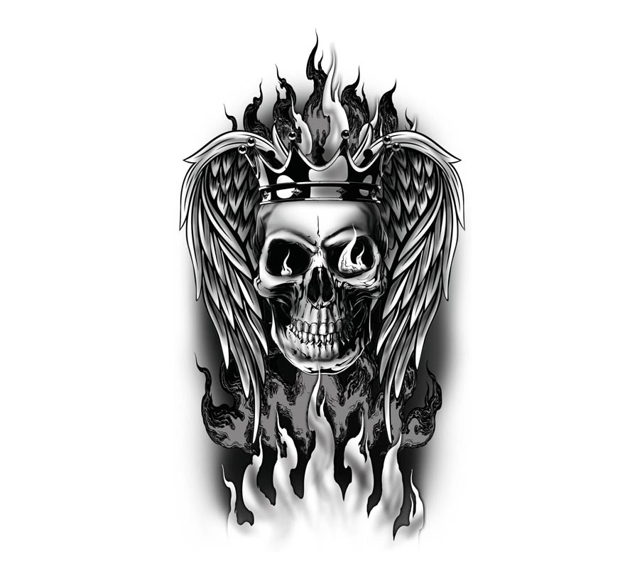 Tatuagem de caveira flamejante em preto e branco-B