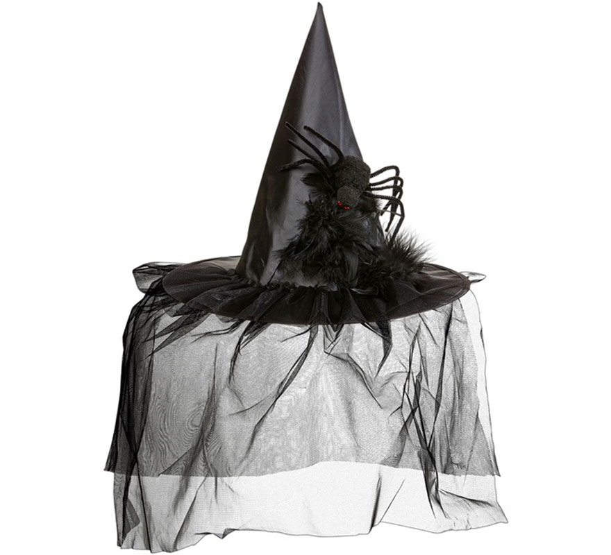 Chapéu de Bruxa com Tule, Penas e Aranha