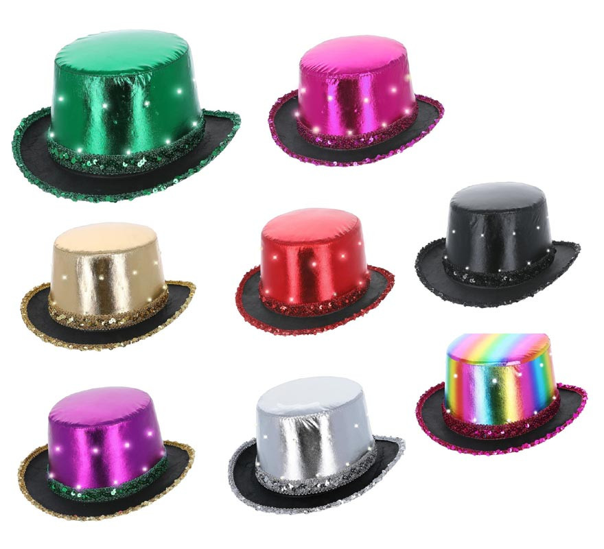 Cappello a cilindro metallizzato con luce Led in vari colori per adulto
