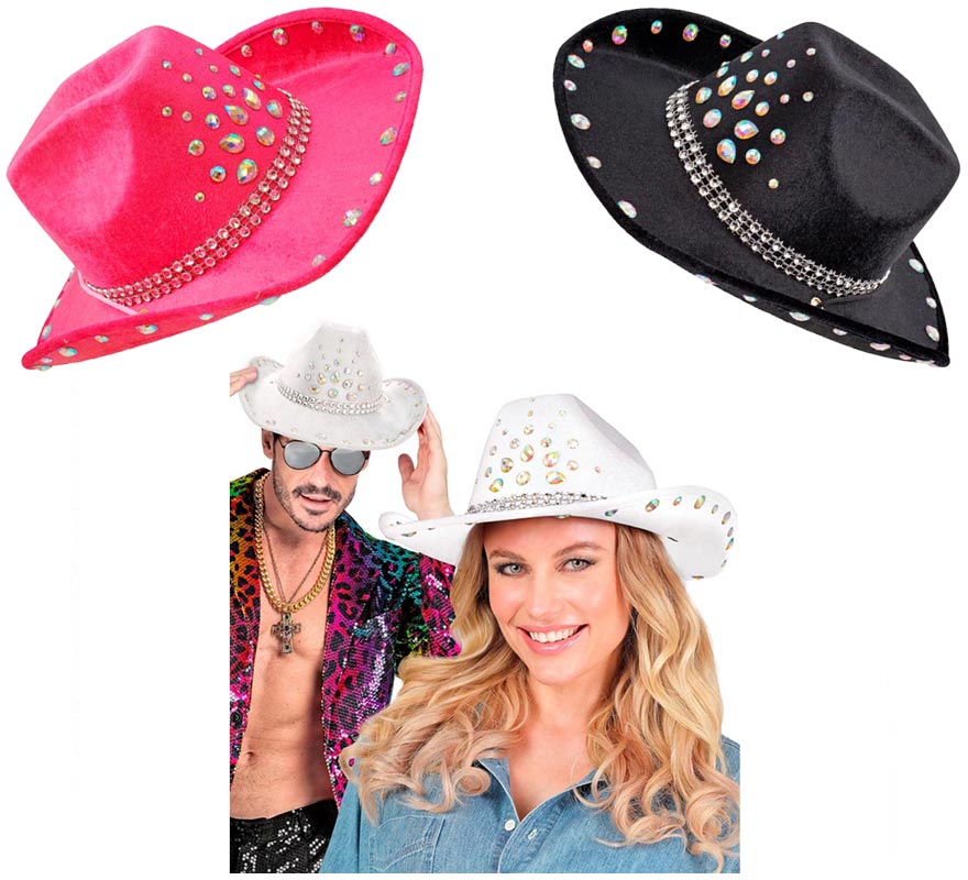 Chapéu de cowboy com strass em várias cores