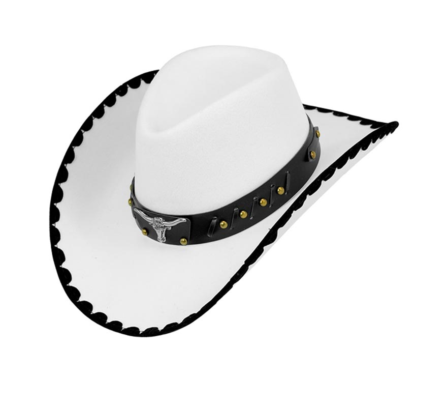 Chapéu de Cowboy com Touro de Feltro Branco