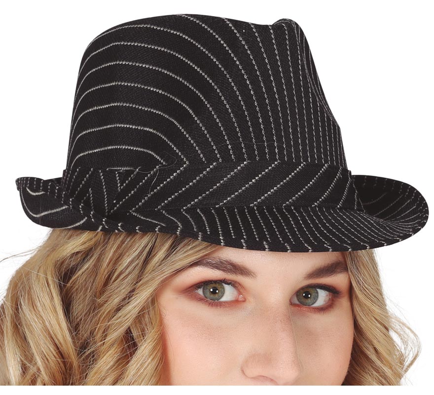 Black Gangster Hat with White Stripes