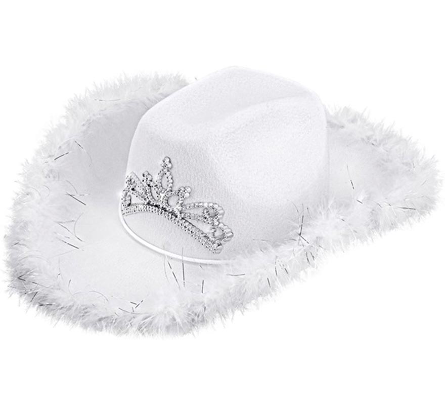 Chapéu de cowgirl com tiara e detalhes de penas em várias cores