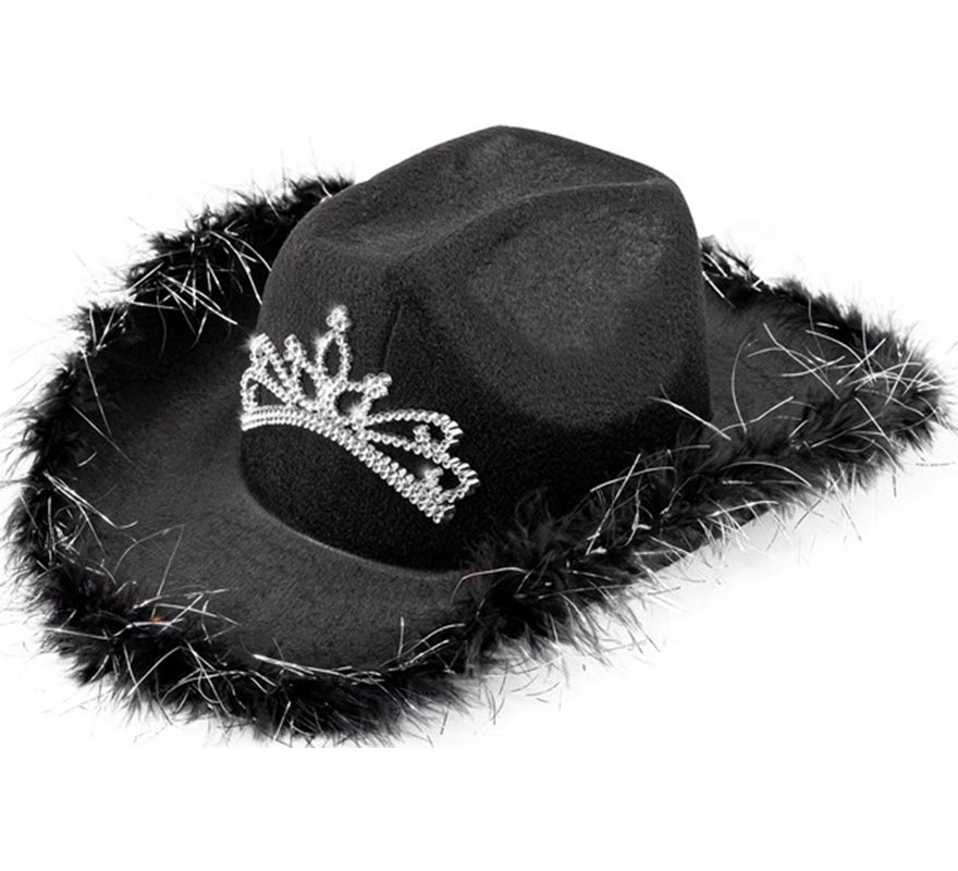 Chapéu de cowgirl com tiara e detalhes de penas em várias cores