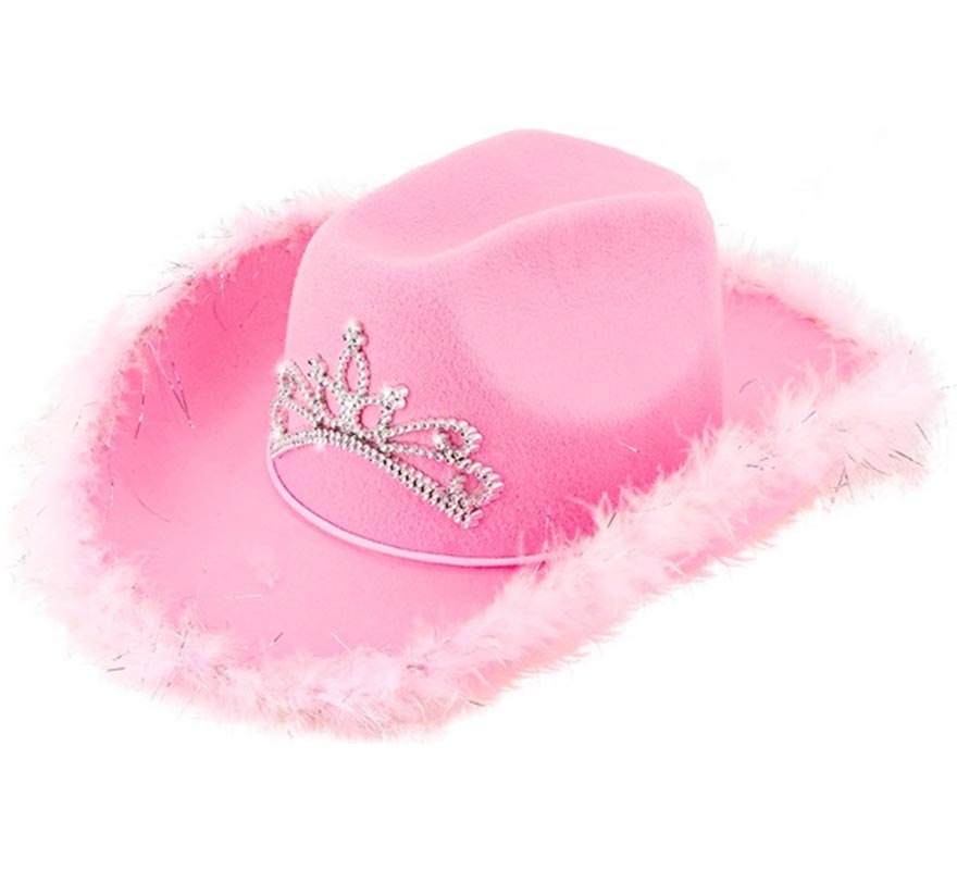 Chapéu de cowgirl com tiara e detalhes de penas em várias cores