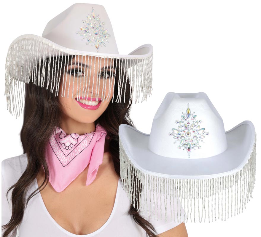 Sombrero Vaquero blanco con Flecos para adultos