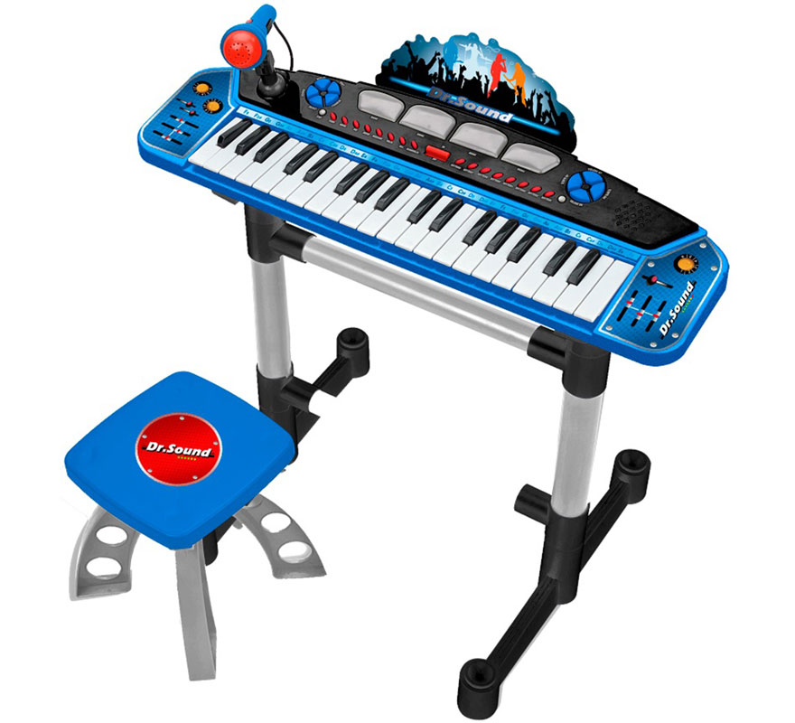 Teclado Electrónico con Micrófono, Pie y Banqueta azul