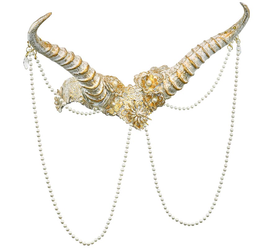 Tocado de Cuernos blanco y dorado