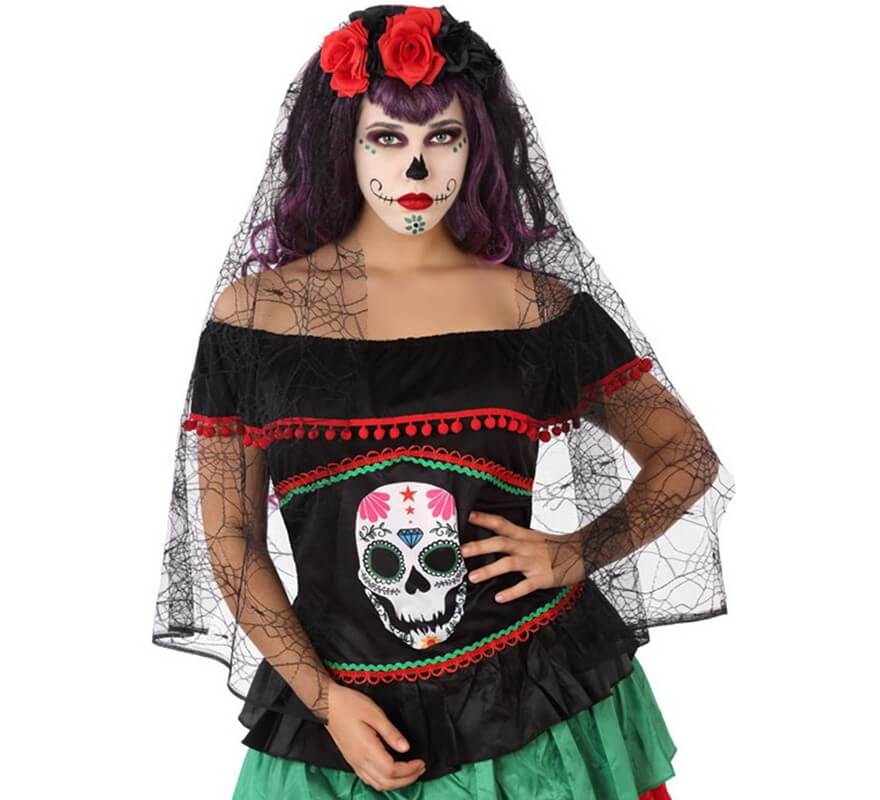 Black Veil with Roses for the Day of the Dead